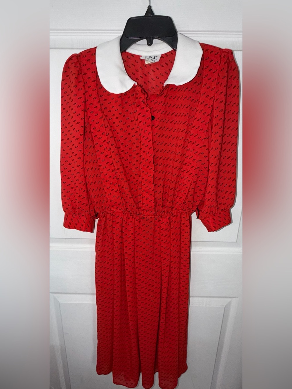 Vintage Red Long-Sleeve Dress with White Peter Pan Collar 80s Secretary